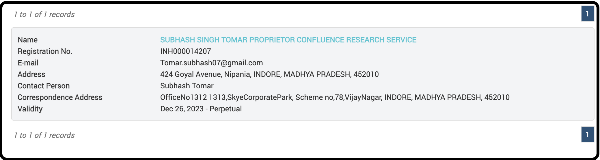SEBI registration details for Subhash Singh Tomar and Confluence Research Service