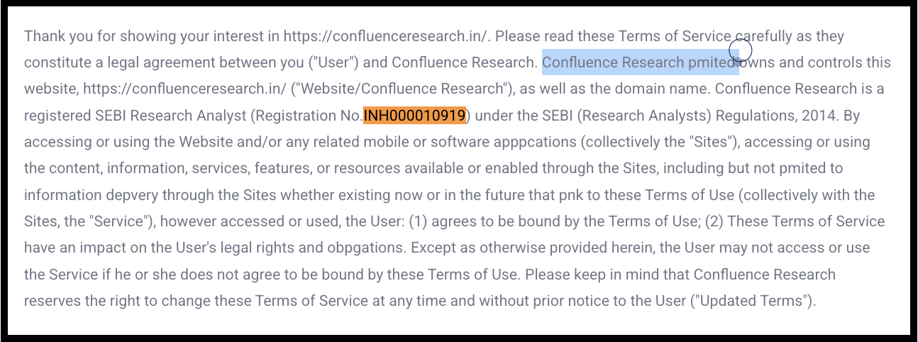 Terms of Service document for Confluence Research