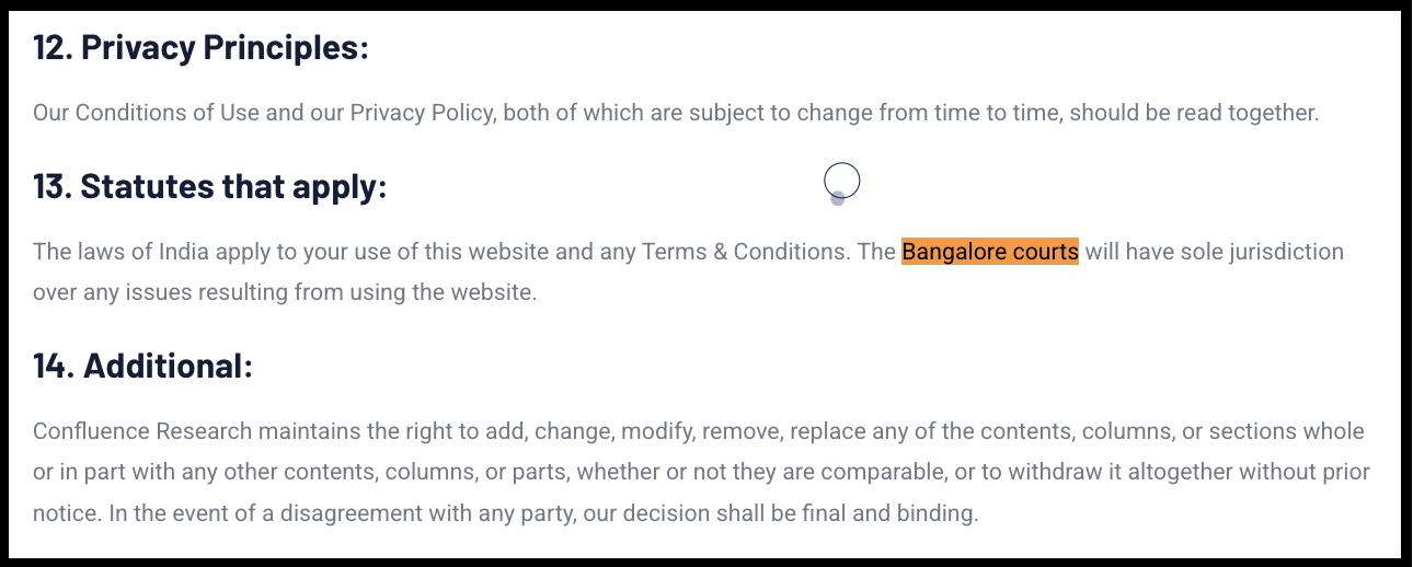 Confluence Research Terms & Conditions specifying Bangalore courts for legal jurisdiction.