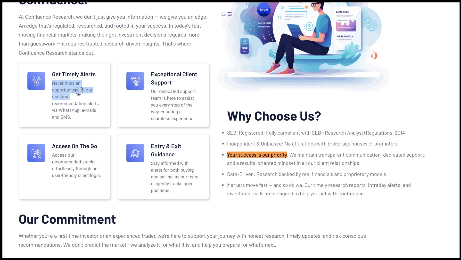 Confluence Research website showing the 'Why Choose Us?' and 'Our Commitment' sections, featuring promotional claims