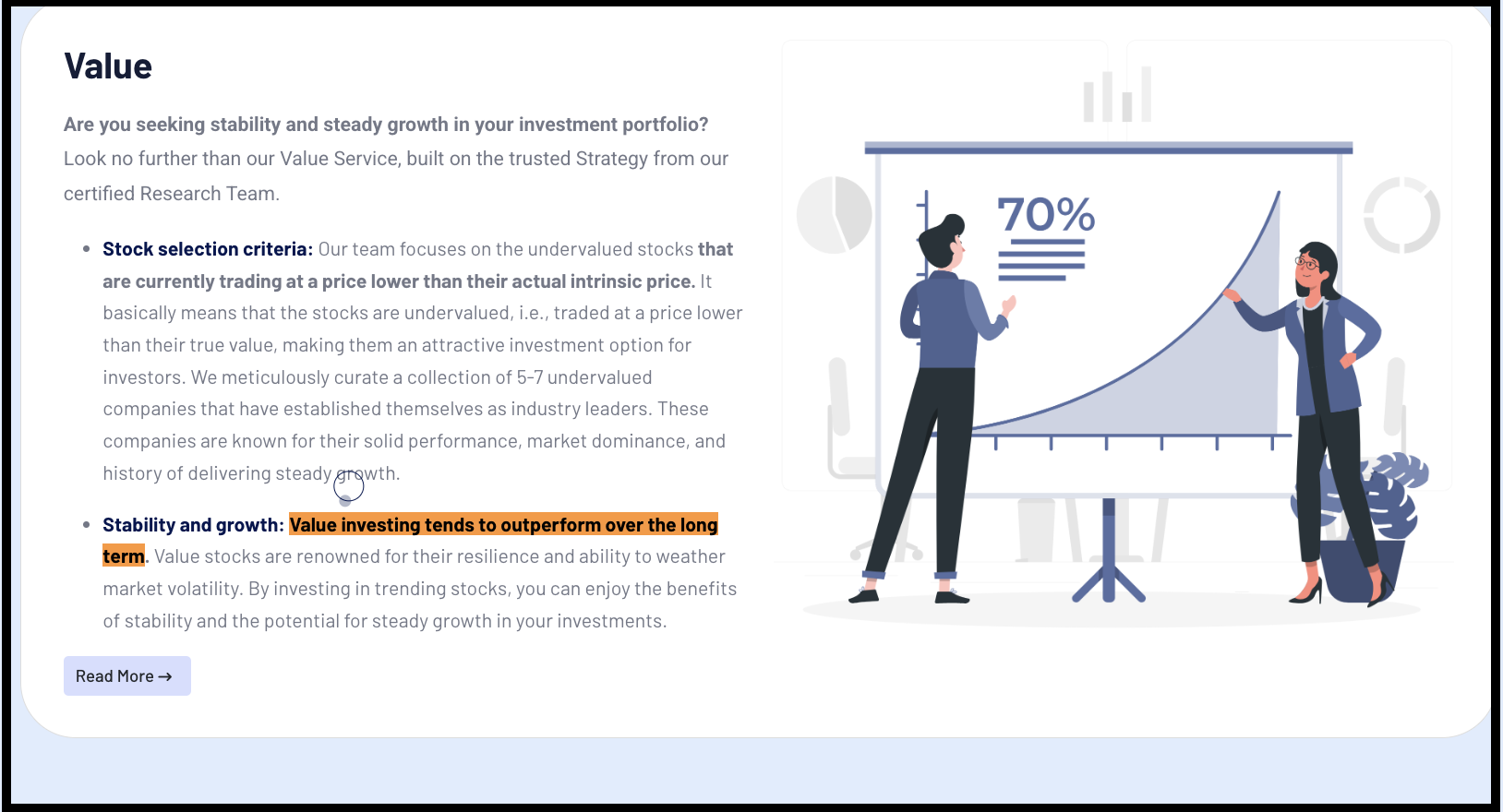 Confluence Research website section explaining its Value Investing strategy, featuring promotional claims about long-term outperformance without required risk disclosures.