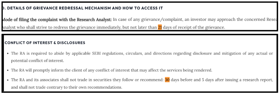 Grievance redressal mechanism and conflict of interest disclosures text section from Investment Cure Research website