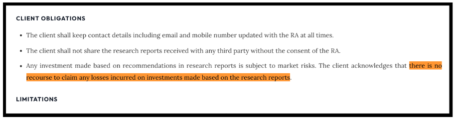Investment Cure Research's terms and conditions outlining client obligations and the "no recourse for losses" clause.