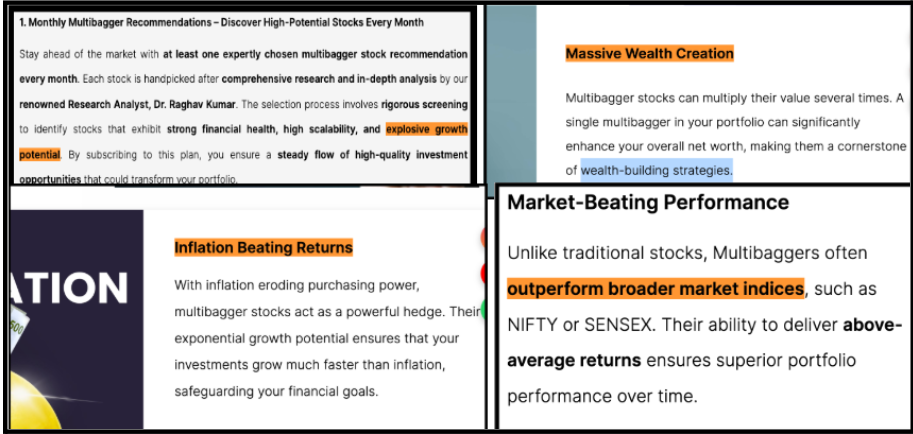 marketing claims from Raghav Research Services website highlighting inflation-beating returns