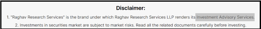 Website disclaimer from Raghav Research Services describing its services as Investment Advisory