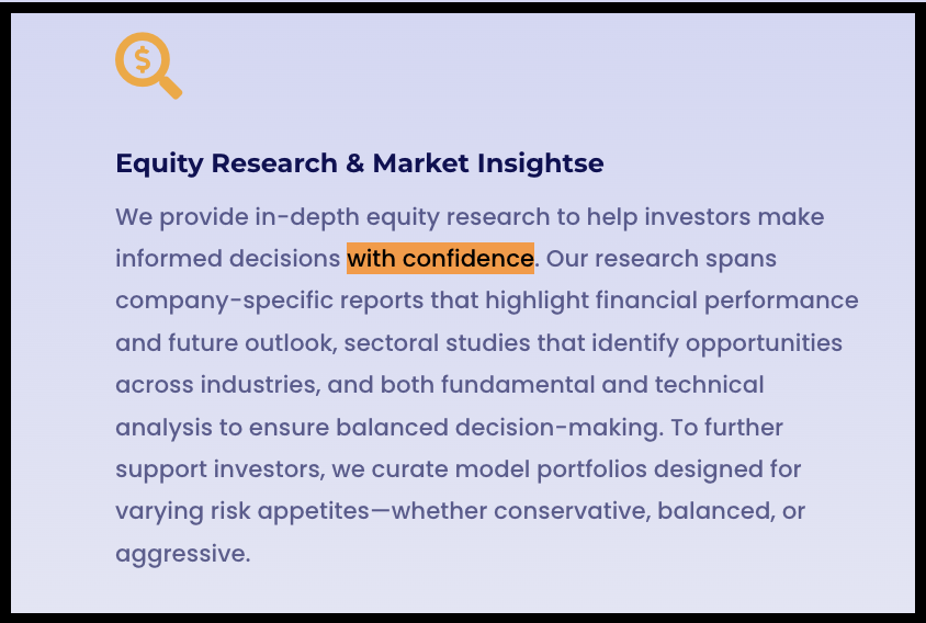 Website feature card for Ujjawal Maheshwari titled Equity Research & Market Insights highlighting claims of making decisions with confidence.