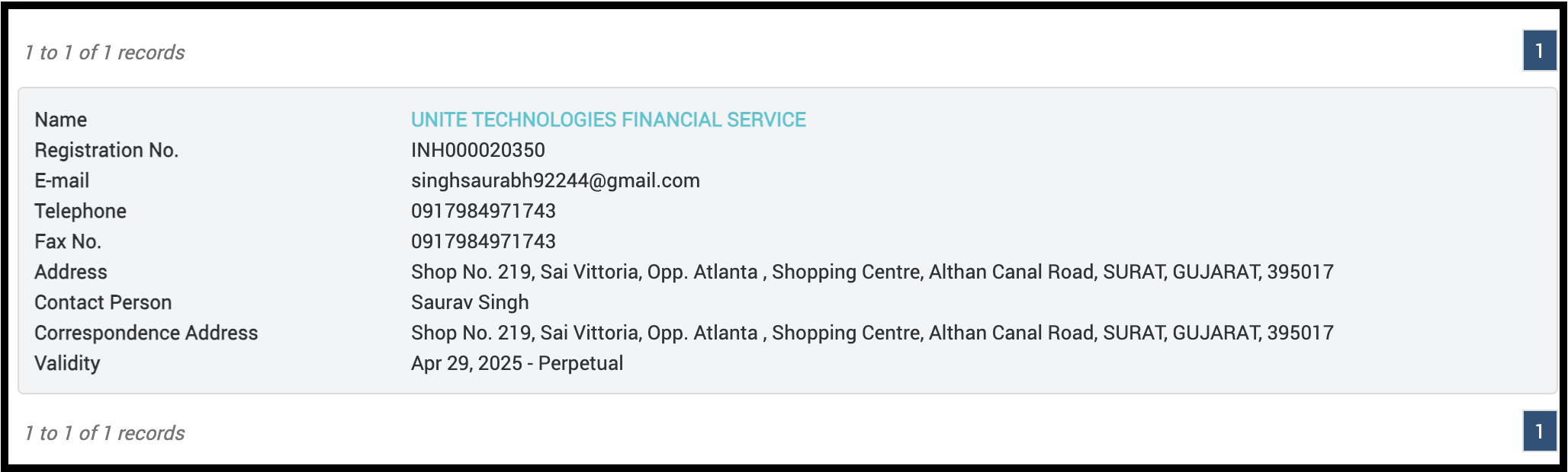 SEBI registration details for Unite Technologies Financial Service