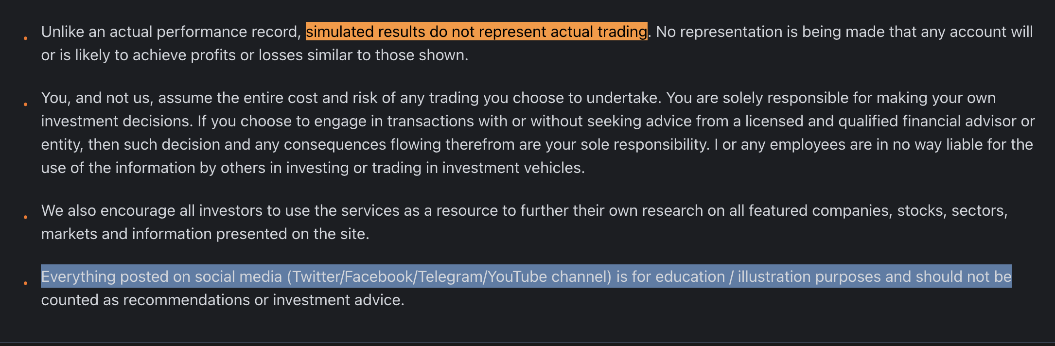 investEQ website disclaimer text highlighting clause on simulated results and actual trading.