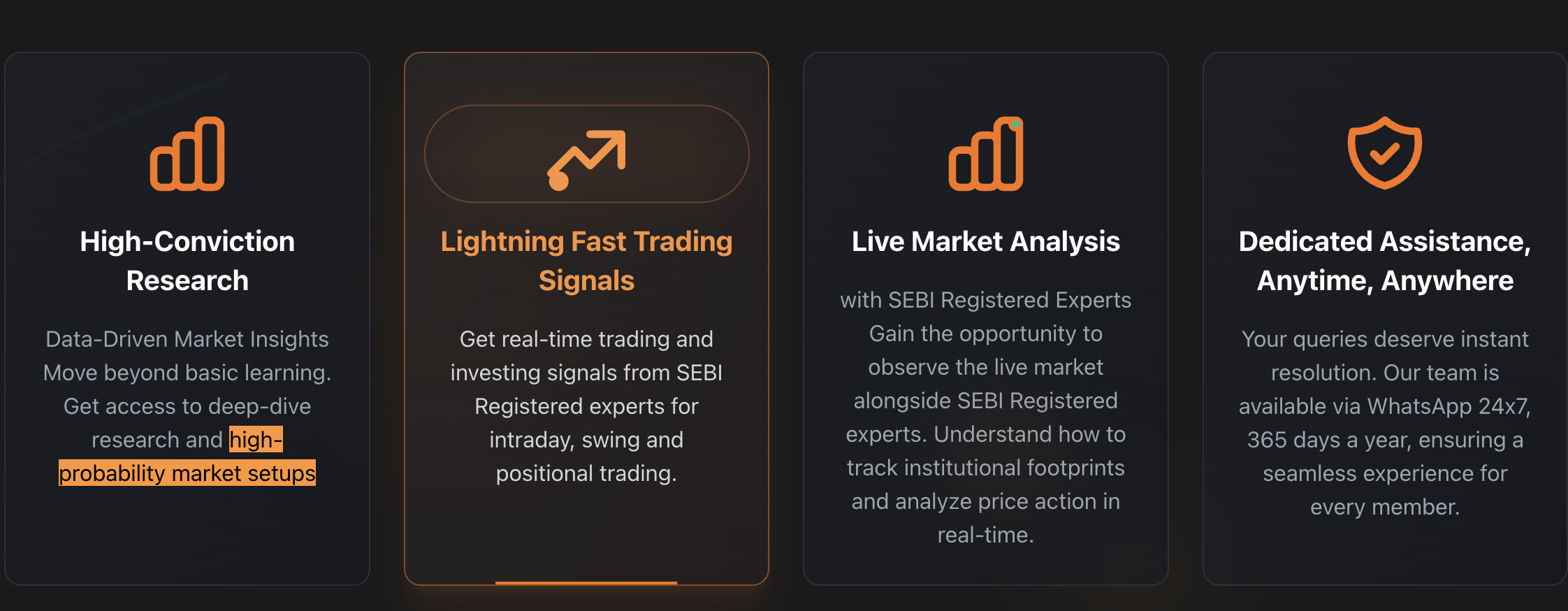investEQ website section displaying four service pillars including High-Conviction Research and Trading Signals.