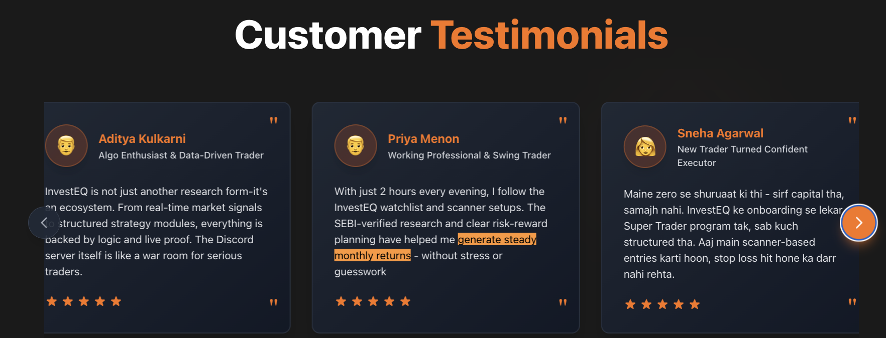 investEQ website section displaying customer testimonials and client review cards.
