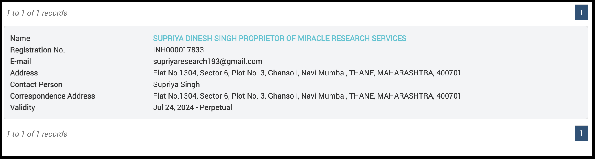 SEBI Research Analyst registration details for Supriya Dinesh Singh, proprietor of Miracle Research Services