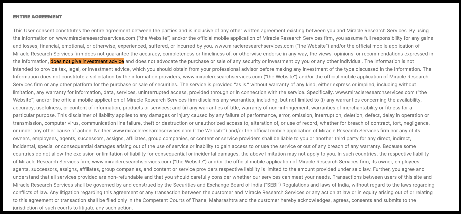 Terms & Conditions document for Miracle Research Services detailing liability disclaimers and service scope.