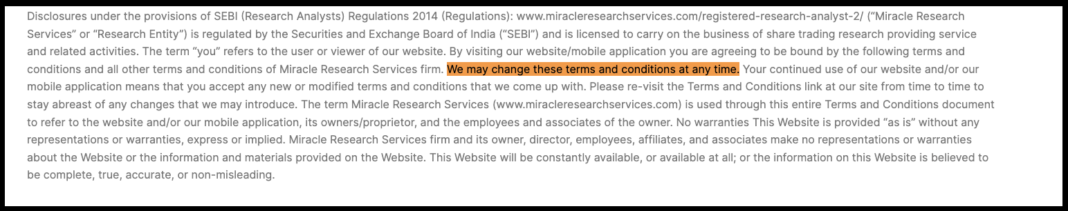 Terms & Conditions snippet for Miracle Research Services detailing liability disclaimers and terms modification policies.