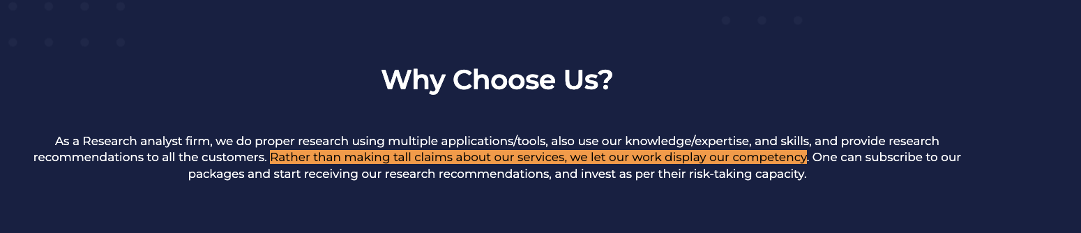 Miracle Research Services Why Choose Us webpage section highlighting claims on competency and self-promotion.