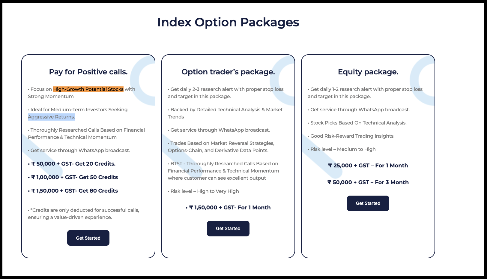 Miracle Research Services website screenshot highlighting promotional language including Pay for Positive calls and High-Growth Potential Stocks.