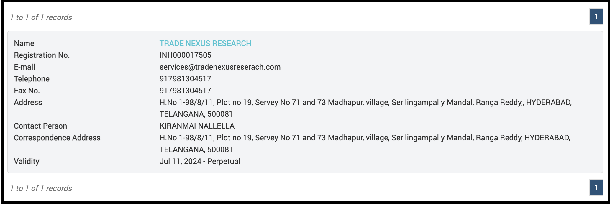 Trade Nexus Research SEBI Research Analyst registration details.