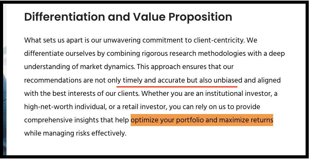 Trade Nexus Research Differentiation and Value Proposition section highlighting claims to optimize portfolio and maximize returns.