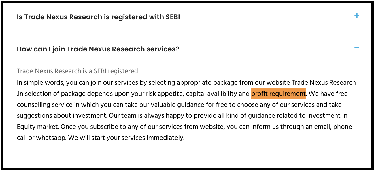 Trade Nexus Research FAQ section highlighting package selection based on profit requirement claims.