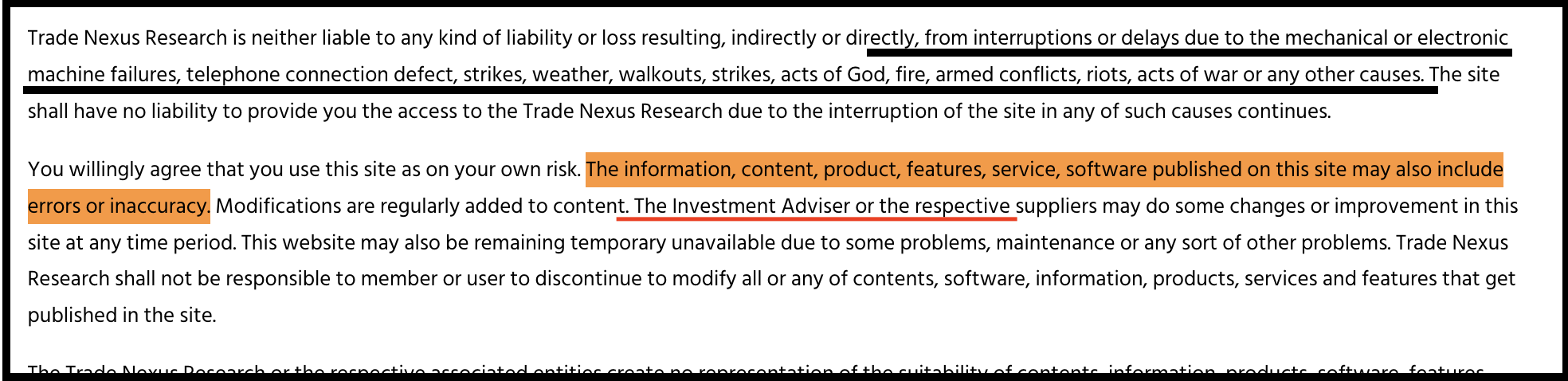 Trade Nexus Research Terms and Conditions regarding liability disclaimers and Investment Adviser references.