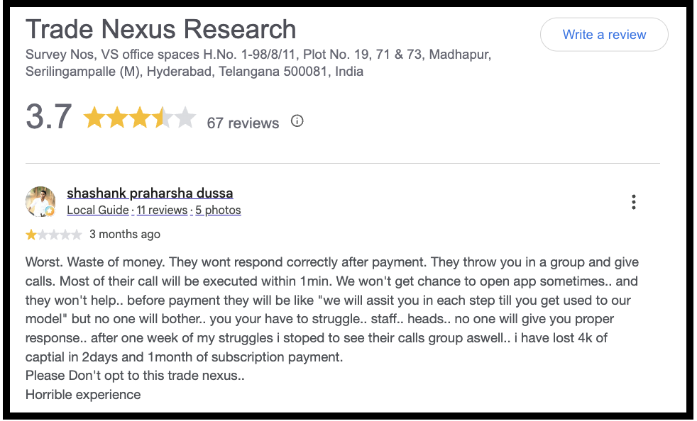 Google review by shashank praharsha dussa rating Trade Nexus Research 1 star and describing rapid 1-minute trade calls, a ₹4,000 capital loss in 2 days, and poor support.