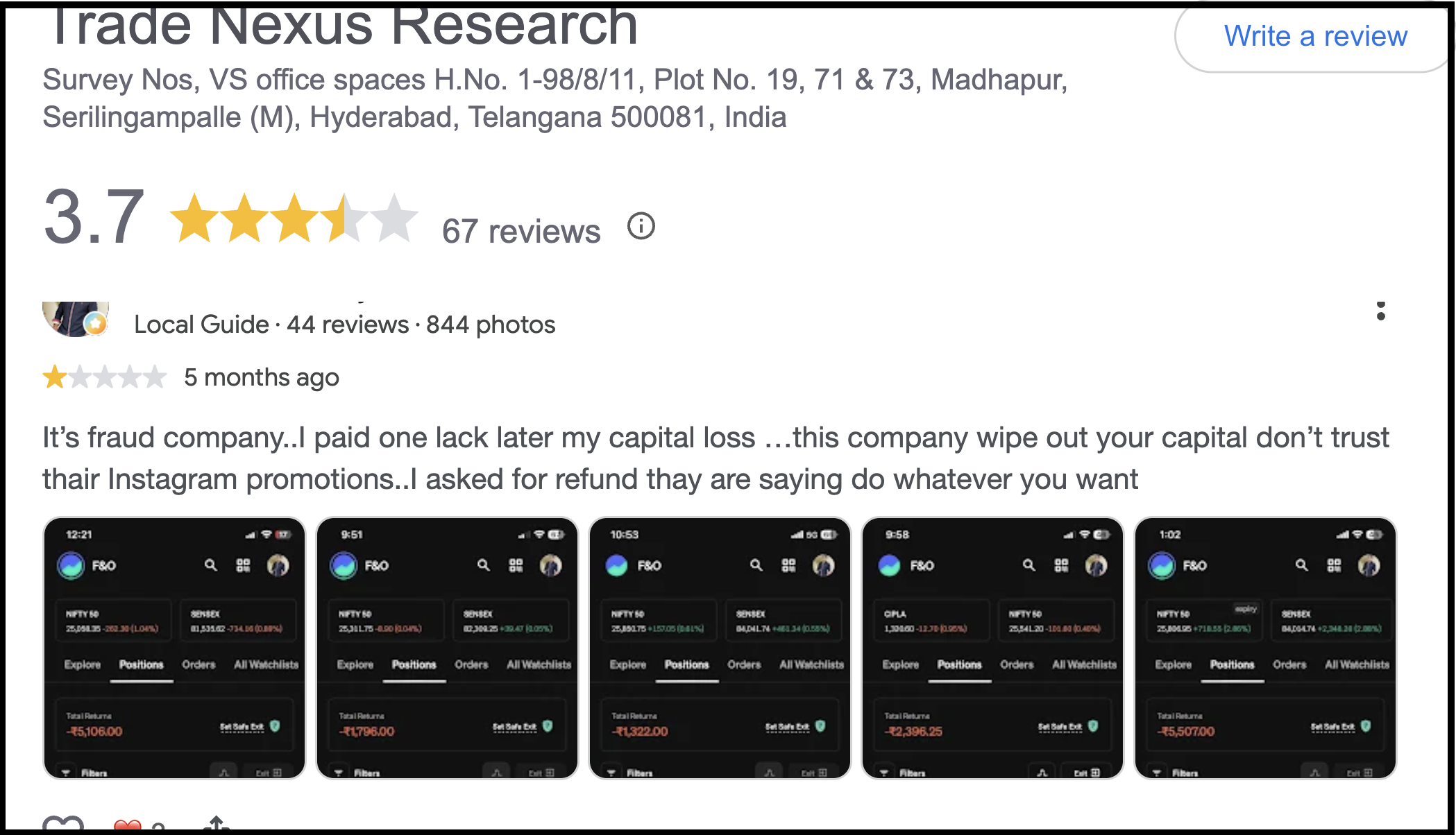 Google review rating Trade Nexus Research 1 star and describing paying ₹1 lakh, suffering total capital loss, and a refused refund request.