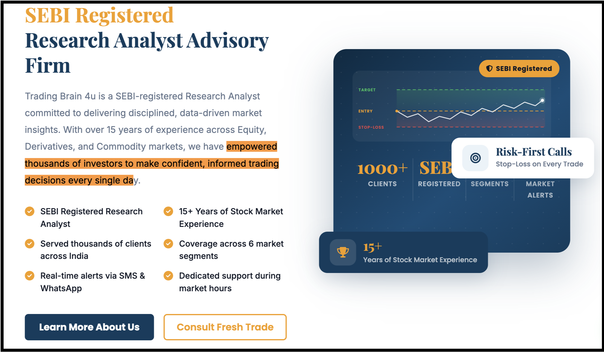 Trading Brain 4U website section highlighting claims of over 15 years of stock market experience