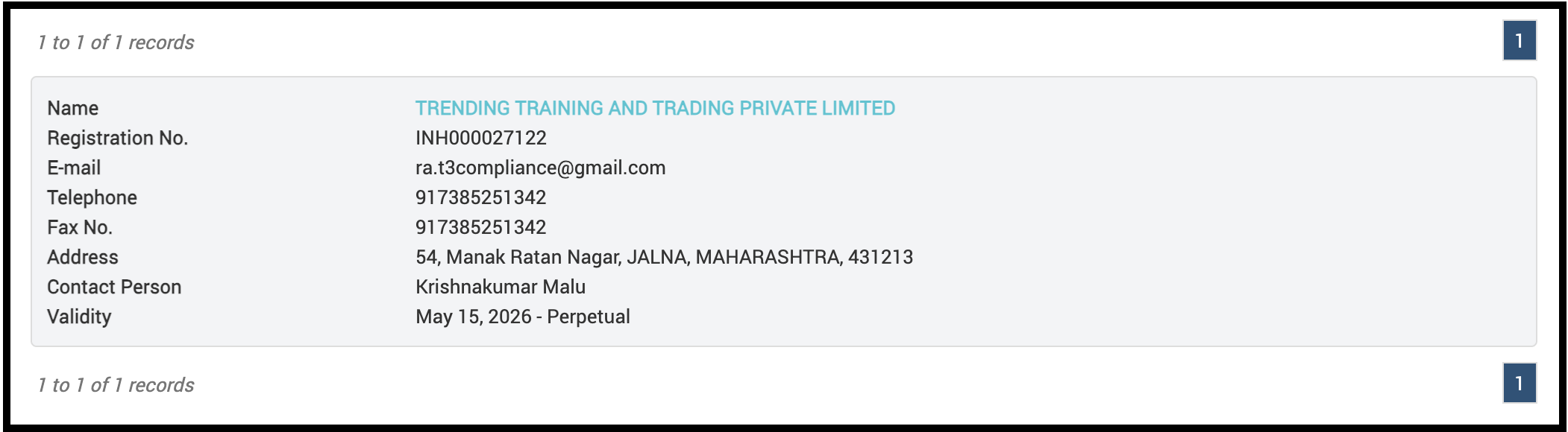 SEBI registration details for Trending Training and Trading Private Limited