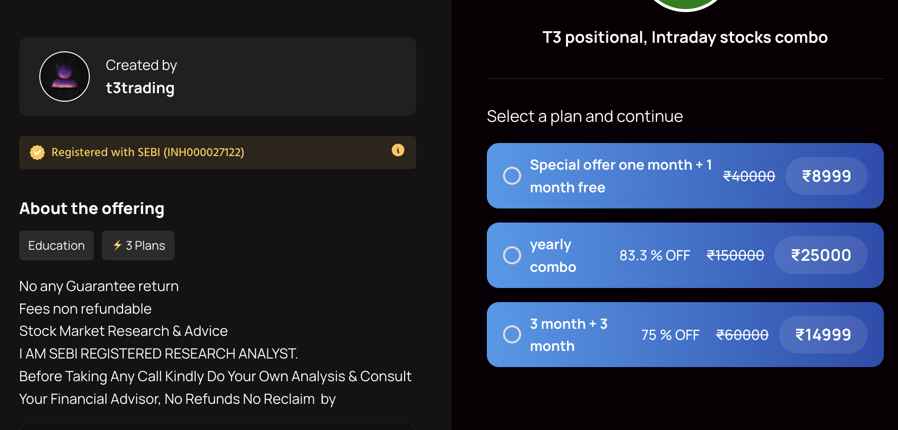 Third-party payment page for Trending Training and Trading displaying discounted package prices.