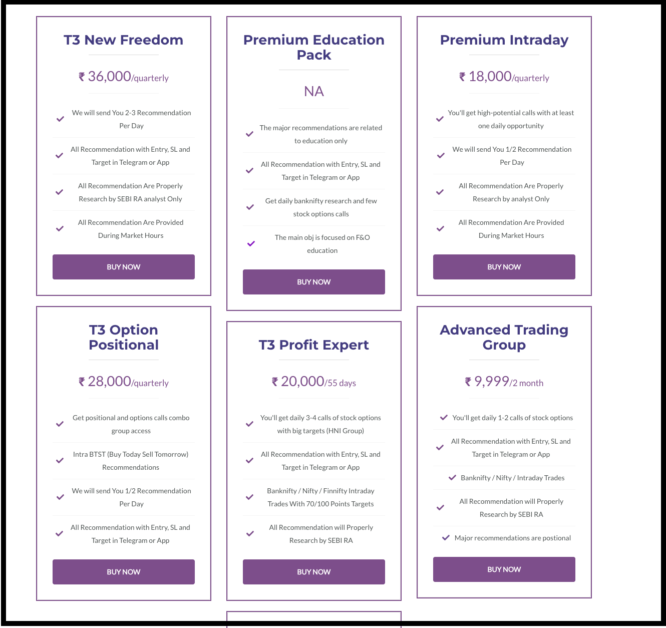 Trending Training and Trading website pricing section displaying packages and membership plan costs.
