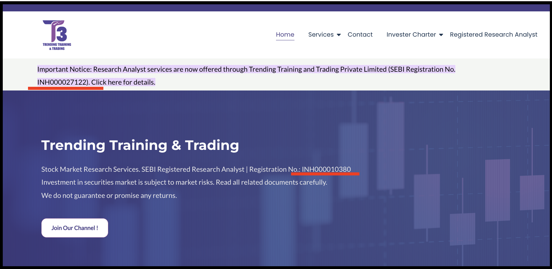 Trending Training and Trading website section showing old SEBI registration number