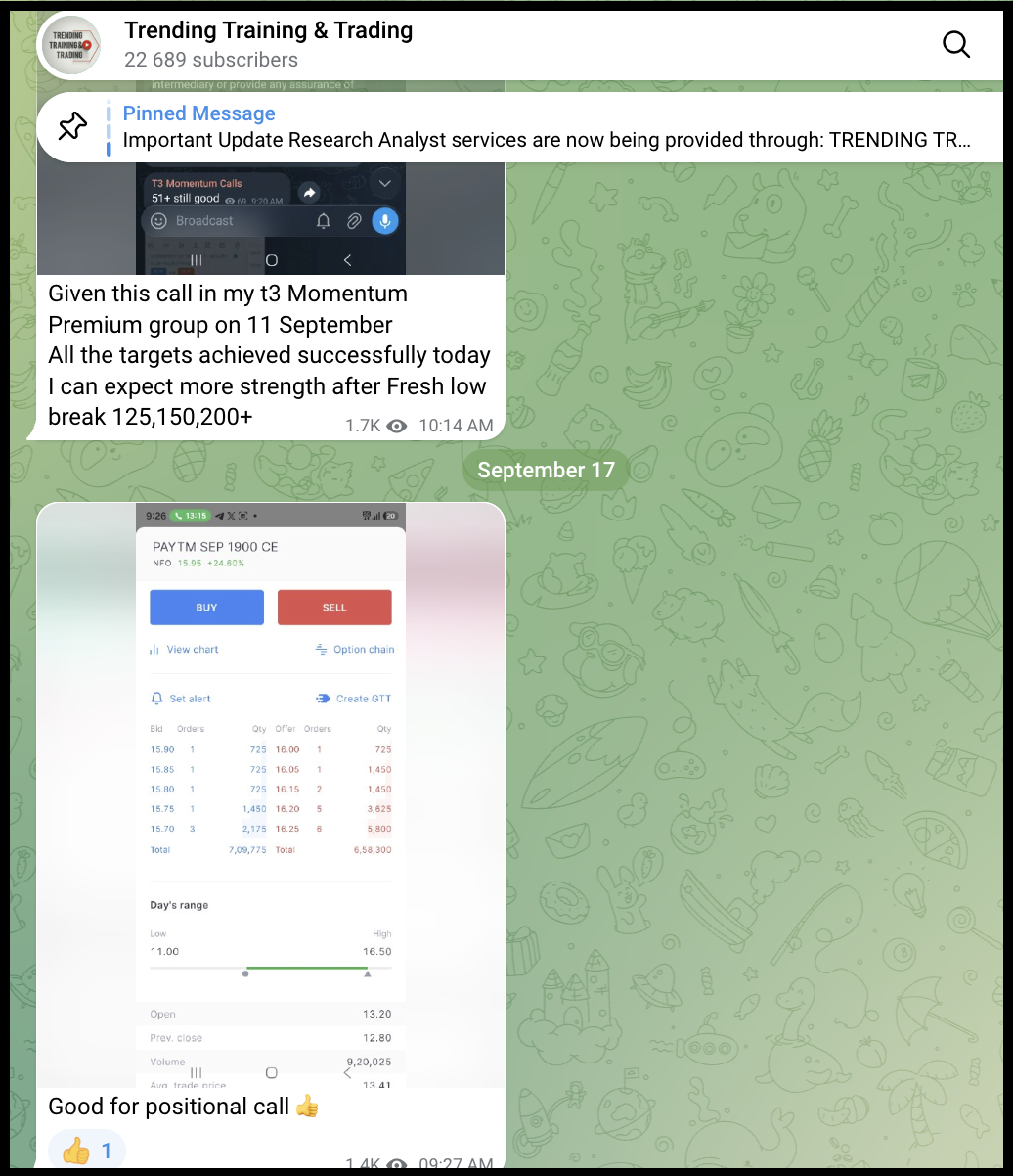 Telegram channel post for Trending Training and Trading promoting T3 Momentum Premium Group trading calls.