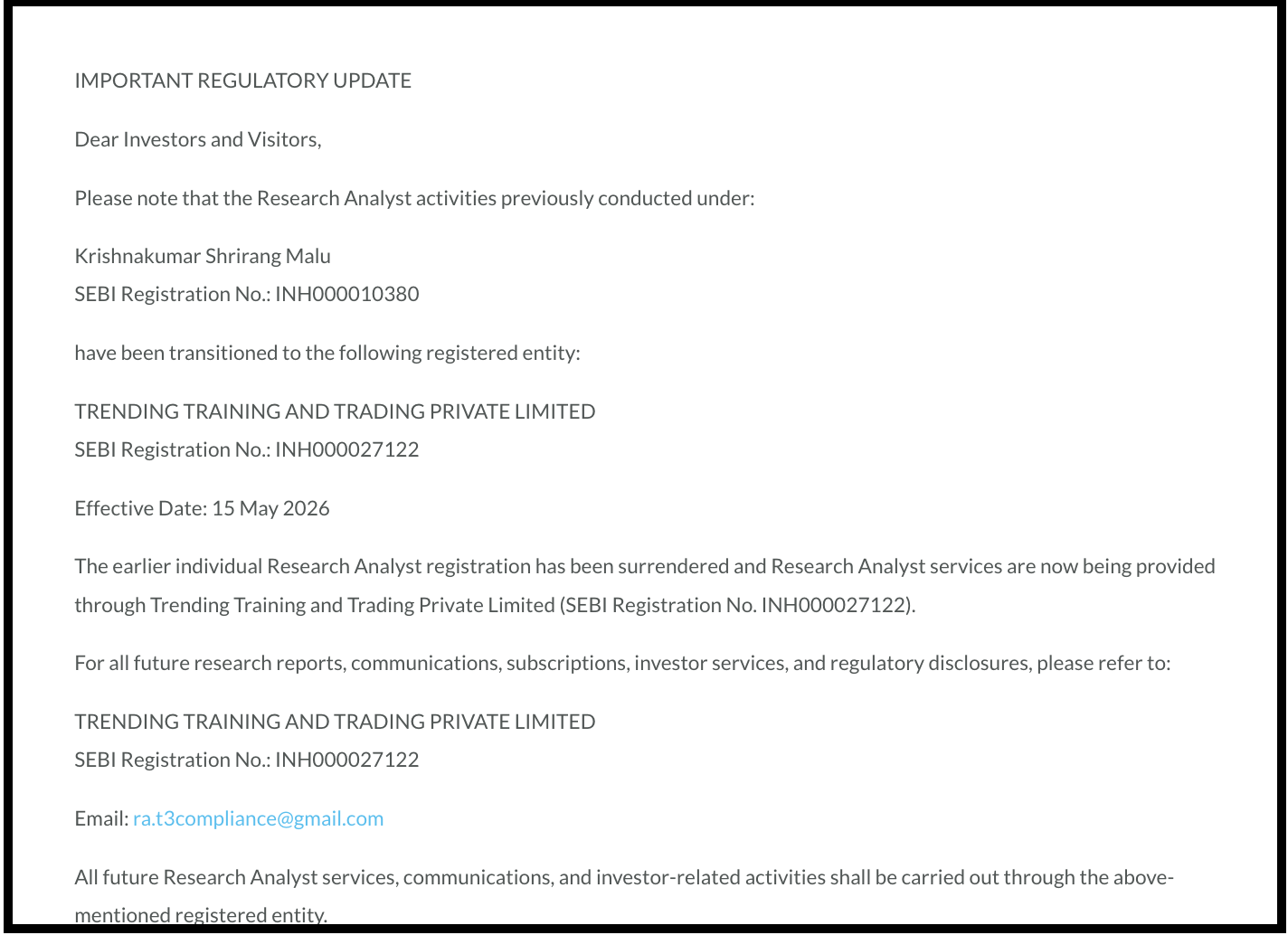 Regulatory update document for Trending Training and Trading showing transition from individual registration INH000010380 to corporate registration INH000027122.