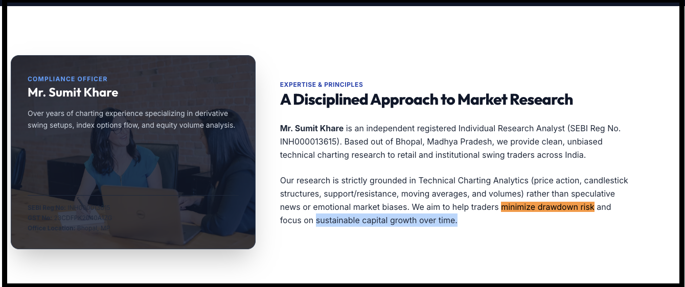 Annotated section on Sumit Khare website highlighting promotional claims around drawdown risk minimization and sustainable capital growth.