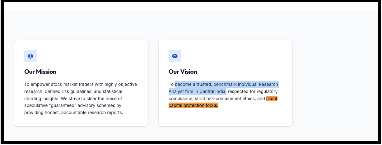 Annotated Our Mission and Our Vision cards from Sumit Khare website highlighting capital protection focus claims.