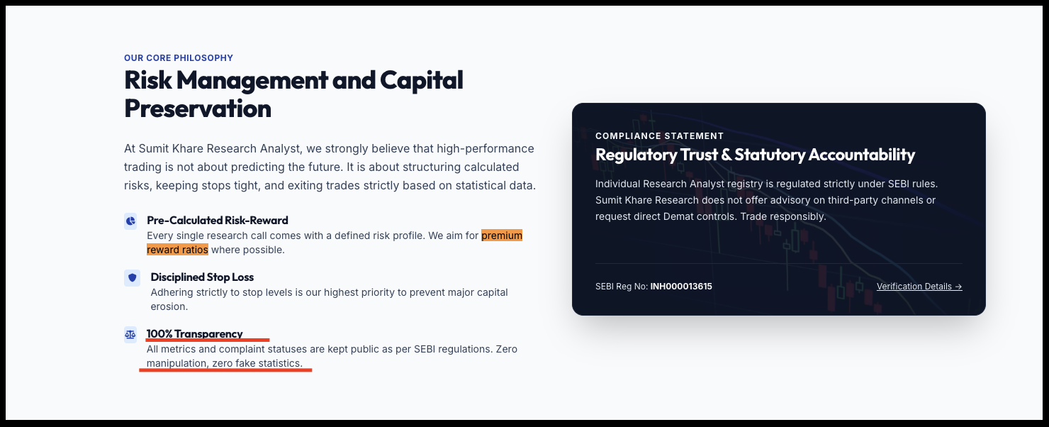 Annotated section on Sumit Khare website highlighting promotional claims around capital preservation and risk-reward calculation.