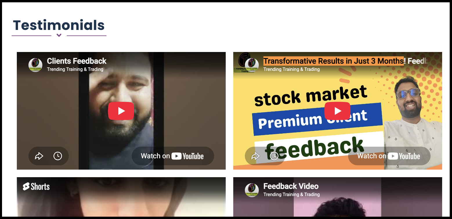 Trending Training and Trading website testimonials section displaying video feedback cards and client reviews.