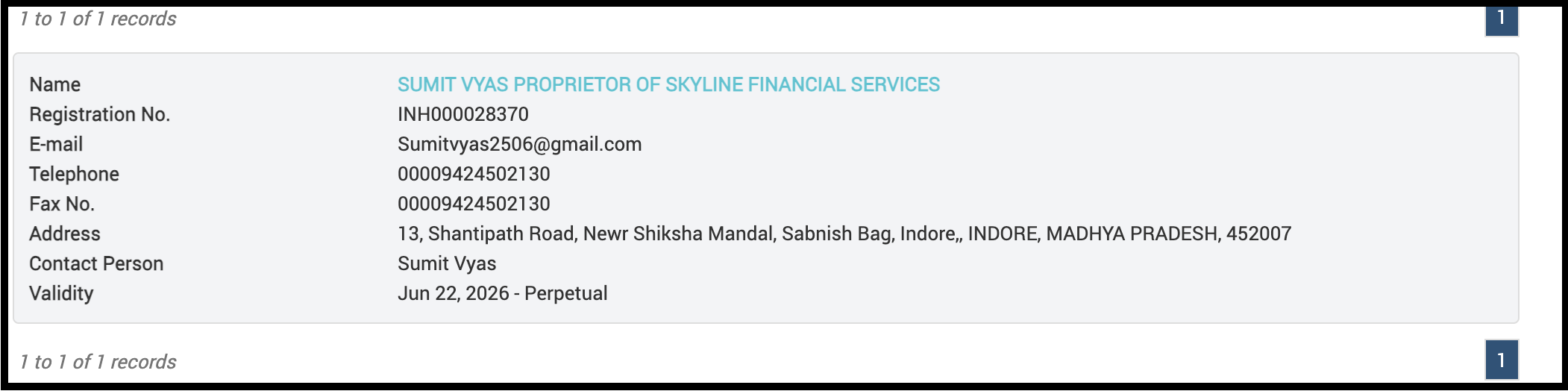 SEBI Research Analyst registration details for Sumit Vyas 