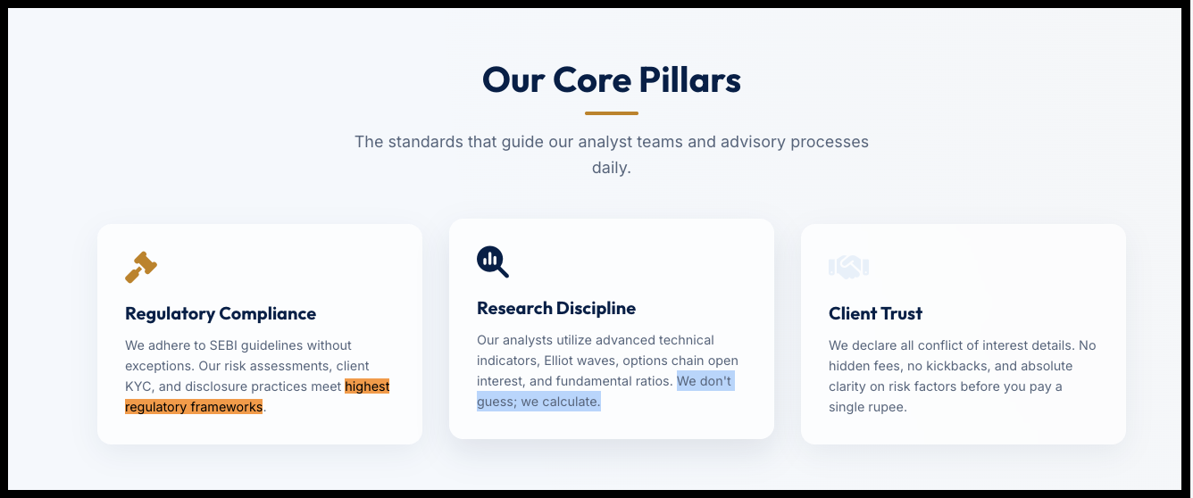 Skyline Financial Services website section outlining Our Core Pillars