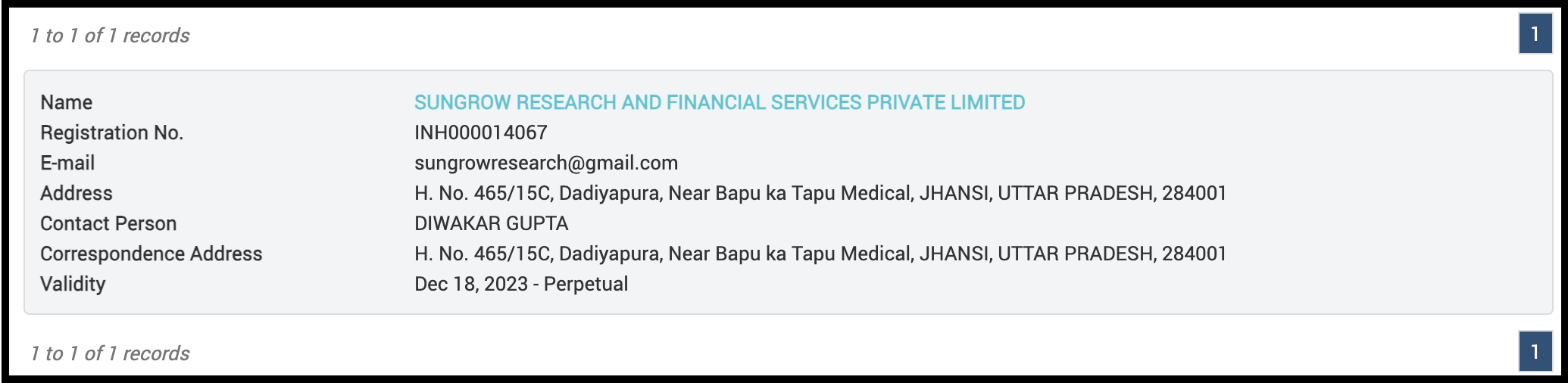 SEBI Registration details for Sungrow Research and Financial Services Private Limited