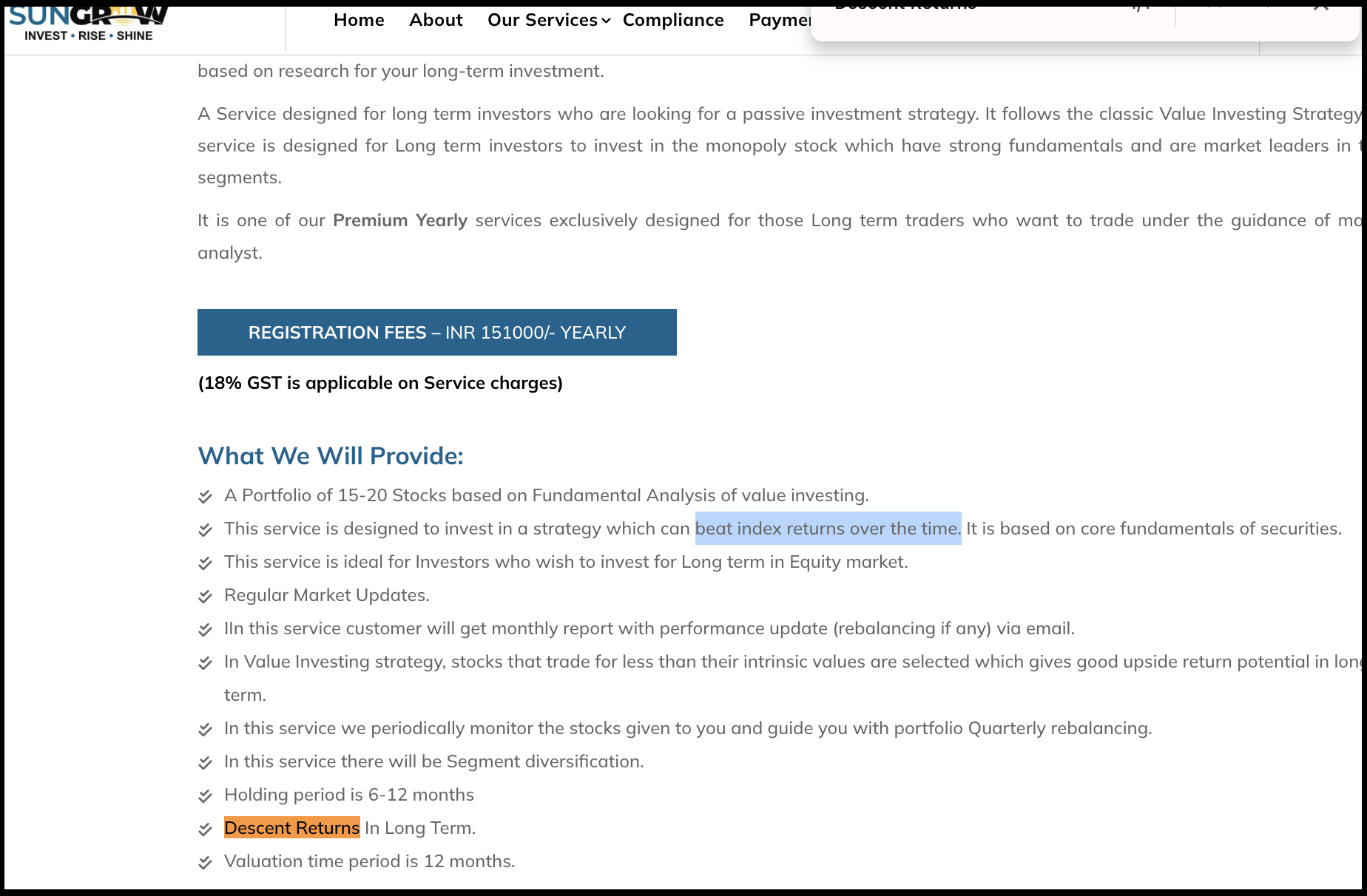 Highlighted excerpt from Sungrow Research deliverables promising returns
