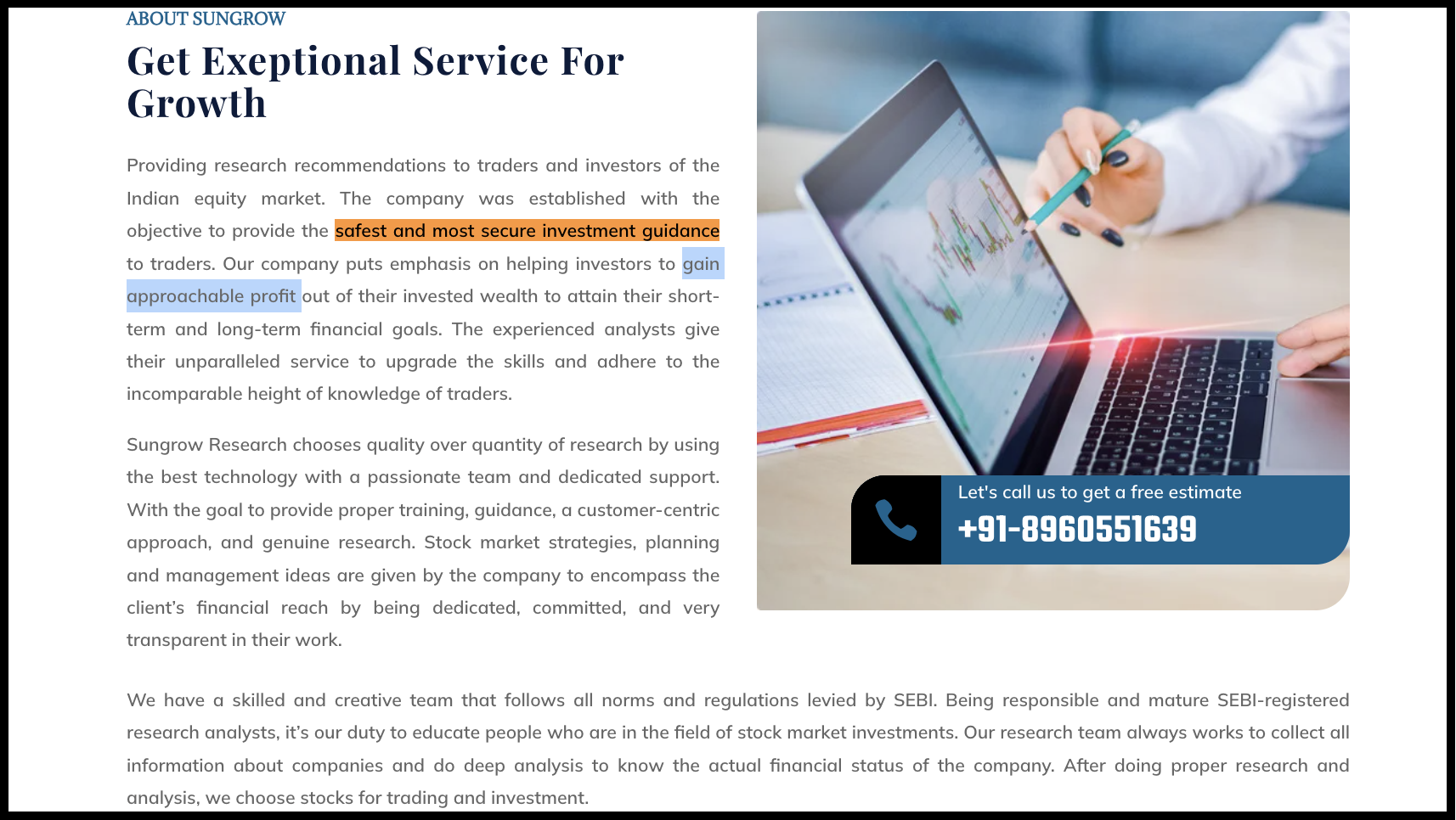 Highlighted section on Sungrow Research website claiming to help investors gain approachable profit.