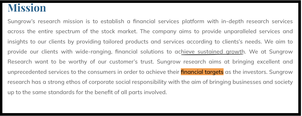 Mission section from Sungrow Research website with highlighted text pointing out claims to help investors achieve financial targets.