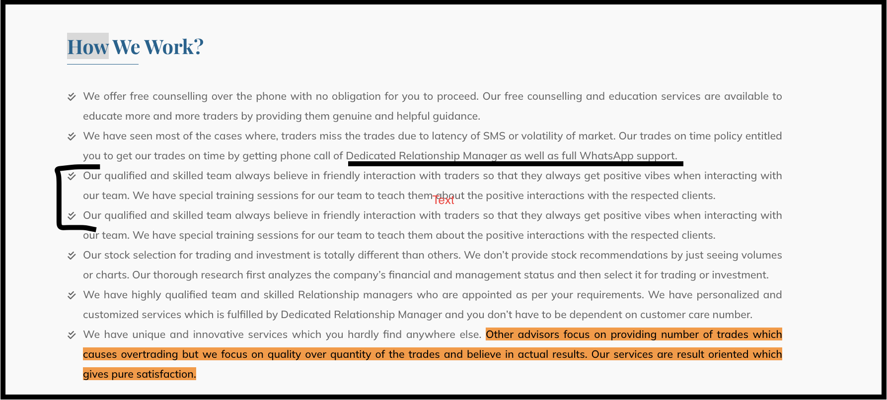 How We Work section from Sungrow Research website with highlighted text pointing out duplicated sentences and outcome claims.