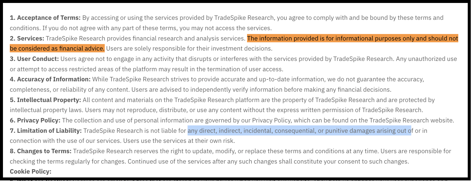 Screenshot highlighting TradeSpike Research terms and conditions clauses showing 'informational purposes only' disclaimers and broad liability waiver clauses.