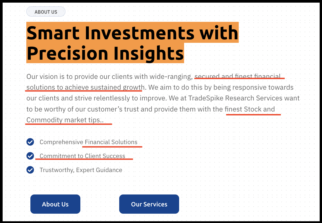 Screenshot of TradeSpike Research service page claiming to provide 'the finest Stock and Commodity market tips' and secured financial solutions.