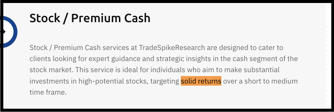 Screenshot of TradeSpike Research Stock Cash service description highlighting claims of targeting 'solid returns' for clients.