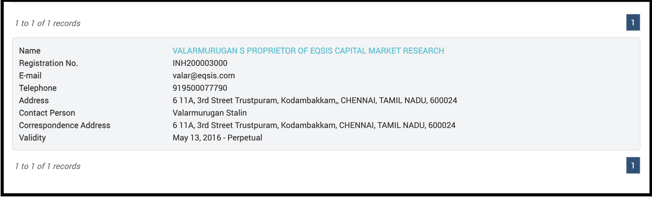 SEBI record for Valarmurugan S Proprietor of EQSIS Capital Market Research showing registration number INH200003000 valid from 13 May 2016
