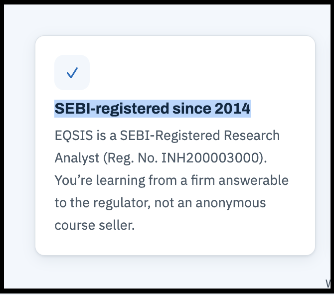 EQSIS course page card stating SEBI registered since 2014 with Research Analyst Reg No INH200003000