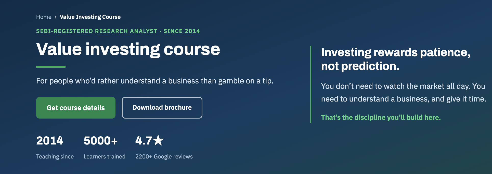 EQSIS Value investing course page showing teaching since 2014, 5000 plus learners trained and a 4.7 star rating from 2200 plus Google reviews