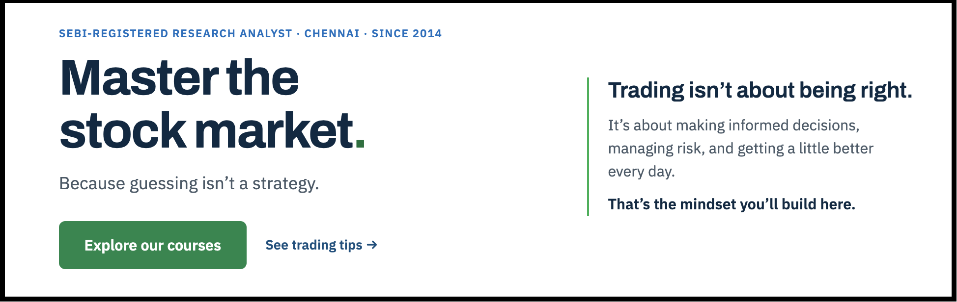 EQSIS homepage banner reading Master the stock market with a note on making informed decisions and getting a little better every day